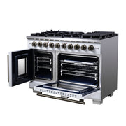 Forno Capriasca 48-Inch French Door Gas Range, 6.58 cu. ft., 8 Sealed Brass Burners, Air Fry Kit, Rotisserie Kit, Wok Support & Griddle, White with Antique Brass Accents (FFSGS6460-48WHT)