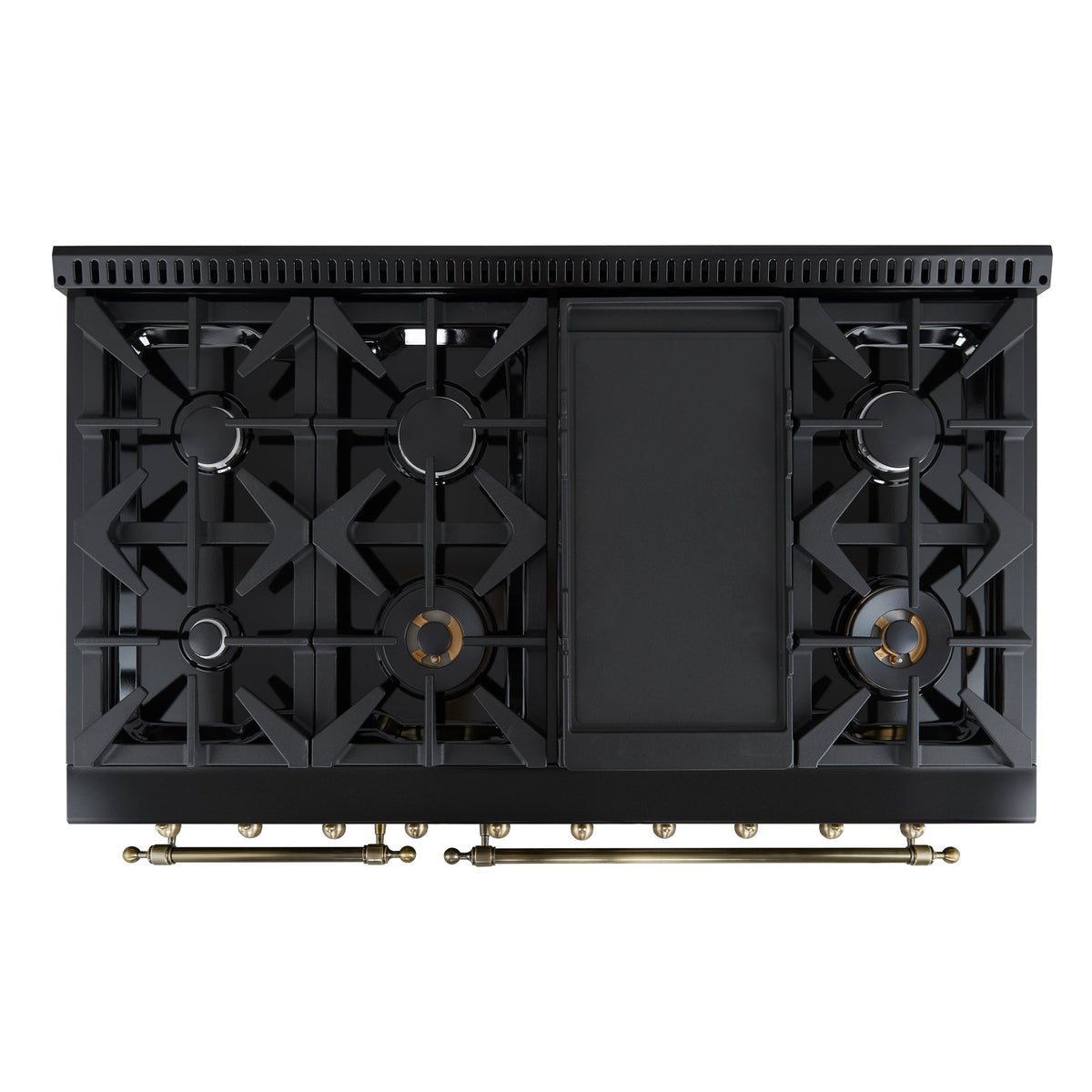 FORNO Antico 48-Inch Freestanding Gas Range, 8 Sealed Burners, Griddle, 5.5 cu. ft. Oven, Black with Antique Brass Acccents (FFSGS6219-48BLK)