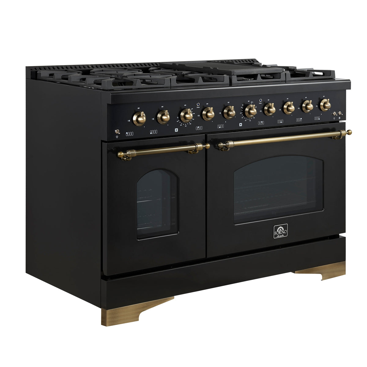 FORNO Antico 48-Inch Freestanding Gas Range, 8 Sealed Burners, Griddle, 5.5 cu. ft. Oven, Black with Antique Brass Acccents (FFSGS6219-48BLK)