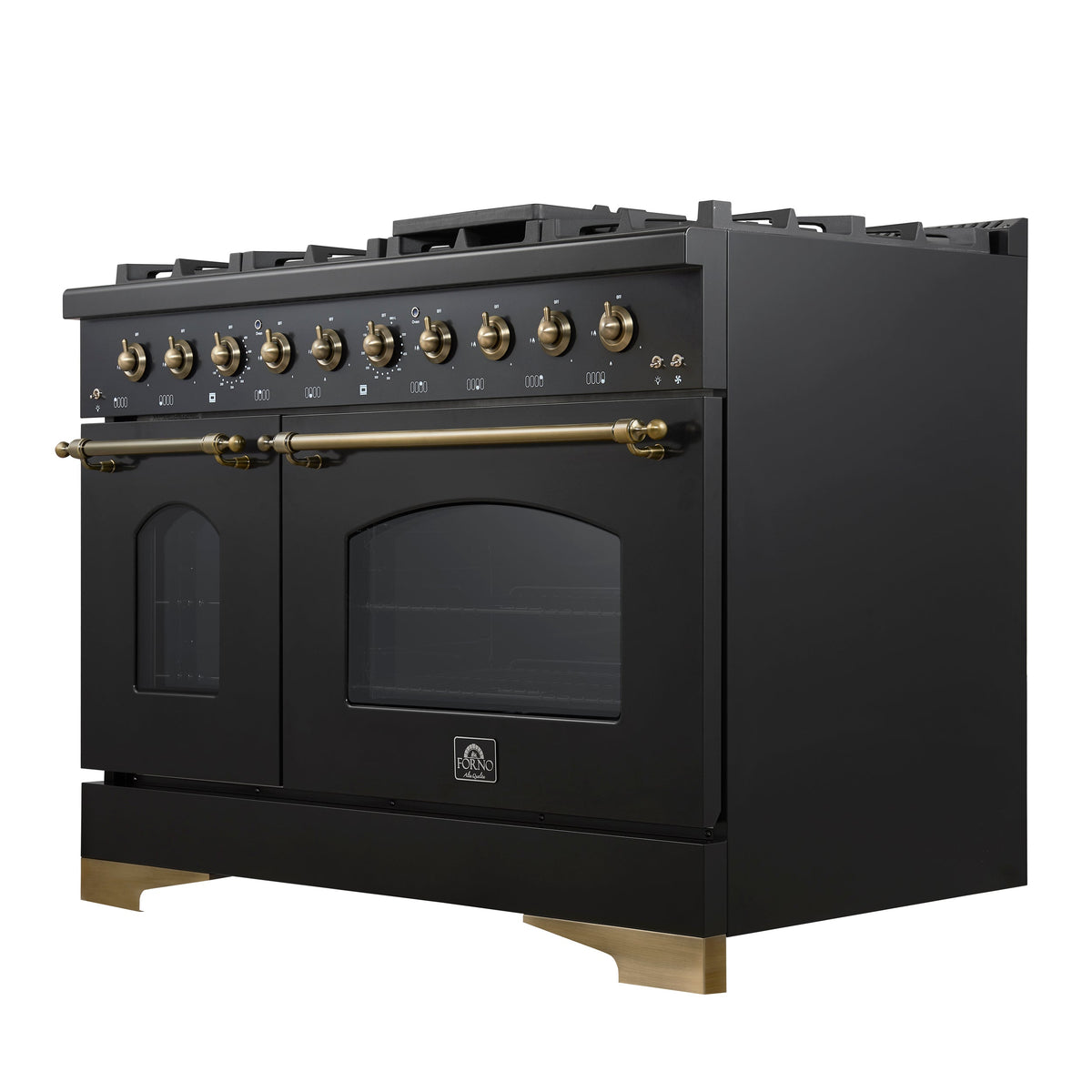 FORNO Antico 48-Inch Freestanding Gas Range, 8 Sealed Burners, Griddle, 5.5 cu. ft. Oven, Black with Antique Brass Acccents (FFSGS6219-48BLK)