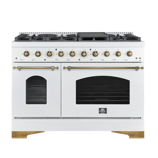 Forno Antico 48-Inch Dual Fuel Range, 5.5 cu. ft. Oven, 8 Sealed Burners, Griddle, White with Antique Brass Accents (FFSGS6113-48WHT)