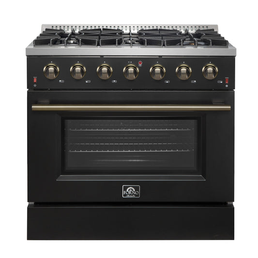 Forno Galiano 36 Inch Gas Range, 5.36 cu. ft. Oven, 6 Sealed Burners, Black with Antique Brass Accents, Model FFSGS6244-36BLK