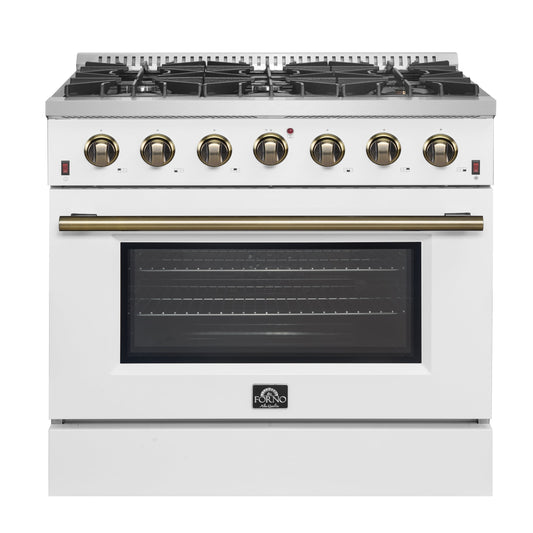 Forno Galiano 36 Inch Gas Range, 5.36 cu. ft. Oven, 6 Sealed Burners, White with Antique Brass Accents, Model FFSGS6244-36WHT
