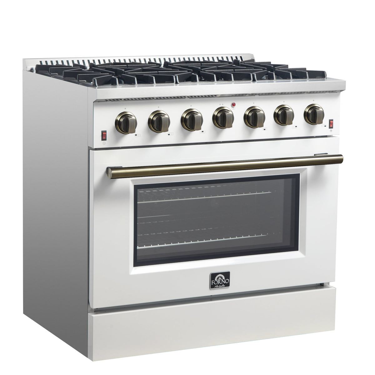 Forno Galiano 36 Inch Gas Range, 5.36 cu. ft. Oven, 6 Sealed Burners, White with Antique Brass Accents, Model FFSGS6244-36WHT