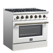 Forno Galiano 36 Inch Gas Range, 5.36 cu. ft. Oven, 6 Sealed Burners, White with Antique Brass Accents, Model FFSGS6244-36WHT