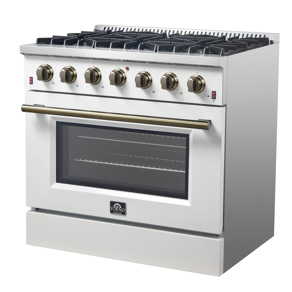 Forno Galiano 36 Inch Gas Range, 5.36 cu. ft. Oven, 6 Sealed Burners, White with Antique Brass Accents, Model FFSGS6244-36WHT