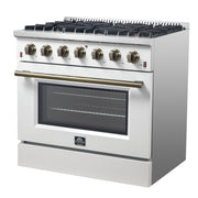 Forno Galiano 36 Inch Gas Range, 5.36 cu. ft. Oven, 6 Sealed Burners, White with Antique Brass Accents, Model FFSGS6244-36WHT