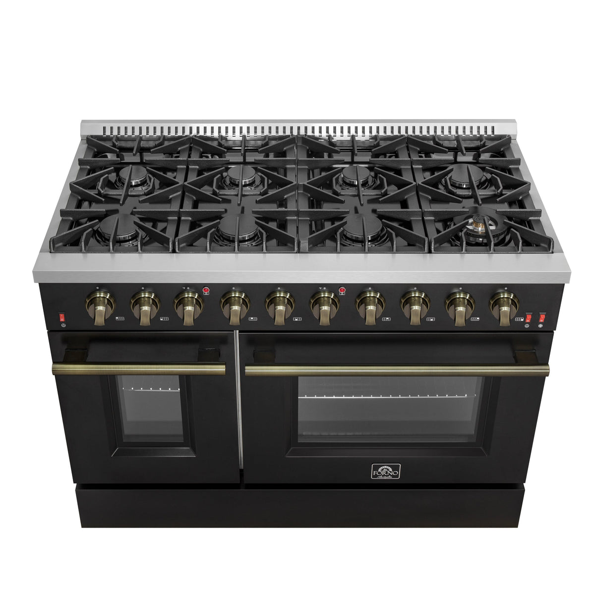 Forno Galiano 48-Inch Gas Range, 6.58 cu. ft. Double Oven, 8 Sealed Burners, Griddle, Black with Antique Brass Accents (Model FFSGS6244-48BLK)