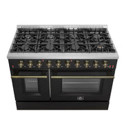 Forno Galiano 48-Inch Gas Range, 6.58 cu. ft. Double Oven, 8 Sealed Burners, Griddle, Black with Antique Brass Accents (Model FFSGS6244-48BLK)