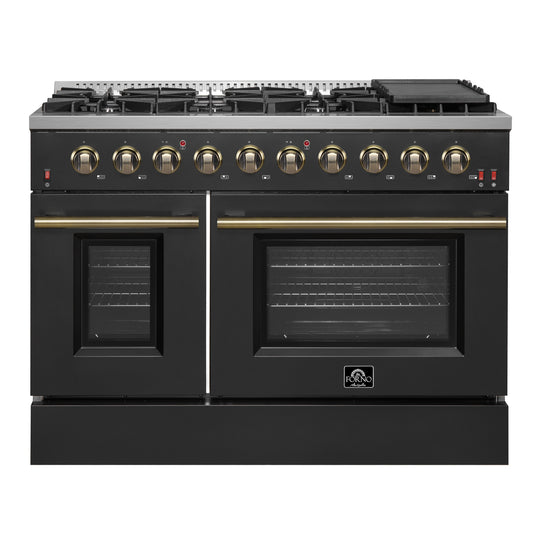 Forno Galiano 48-Inch Gas Range, 6.58 cu. ft. Double Oven, 8 Sealed Burners, Griddle, Black with Antique Brass Accents (Model FFSGS6244-48BLK)