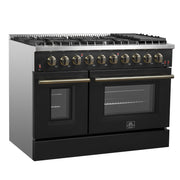 Forno Galiano 48-Inch Gas Range, 6.58 cu. ft. Double Oven, 8 Sealed Burners, Griddle, Black with Antique Brass Accents (Model FFSGS6244-48BLK)
