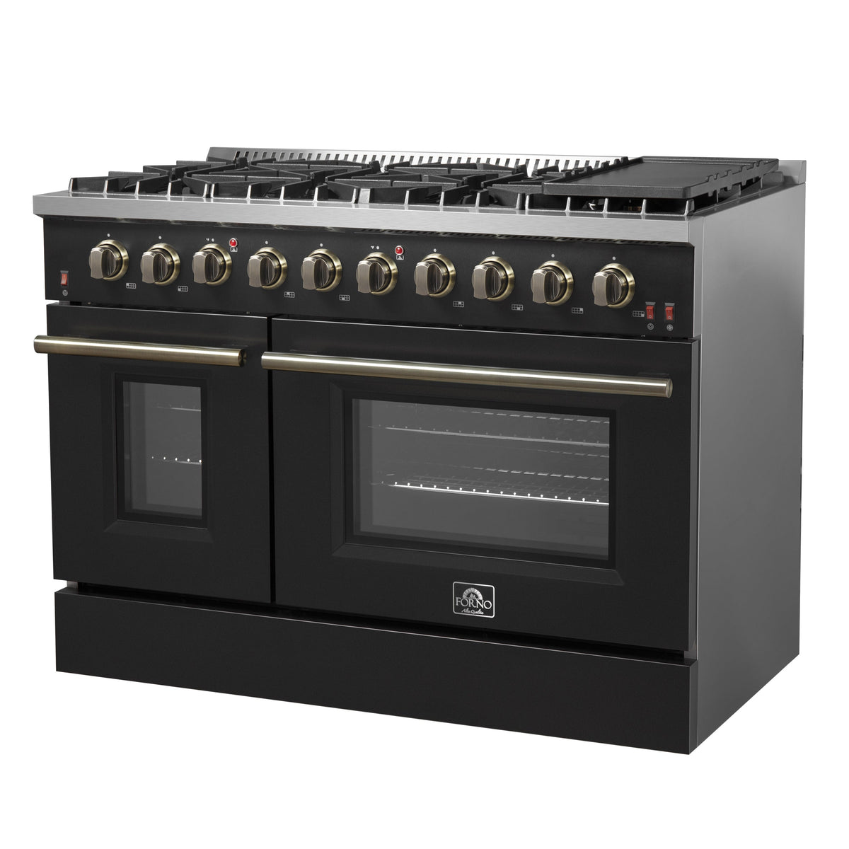 Forno Galiano 48-Inch Gas Range, 6.58 cu. ft. Double Oven, 8 Sealed Burners, Griddle, Black with Antique Brass Accents (Model FFSGS6244-48BLK)