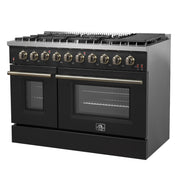 Forno Galiano 48-Inch Gas Range, 6.58 cu. ft. Double Oven, 8 Sealed Burners, Griddle, Black with Antique Brass Accents (Model FFSGS6244-48BLK)