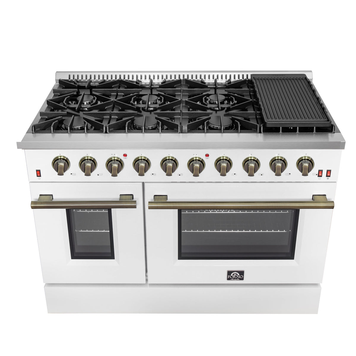 Forno Galiano 48-Inch Gas Range, 8 Sealed Brass Burners with Built-In Griddle, 6.58 cu. ft. Double Oven, White Stainless Steel with Antique Brass Accents, Model FFSGS6244-48WHT