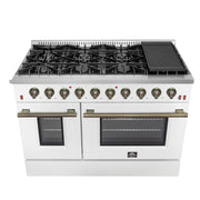 Forno Galiano 48-Inch Gas Range, 8 Sealed Brass Burners with Built-In Griddle, 6.58 cu. ft. Double Oven, White Stainless Steel with Antique Brass Accents, Model FFSGS6244-48WHT