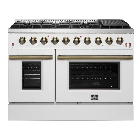 Forno Galiano 48-Inch Gas Range, 8 Sealed Brass Burners with Built-In Griddle, 6.58 cu. ft. Double Oven, White Stainless Steel with Antique Brass Accents, Model FFSGS6244-48WHT