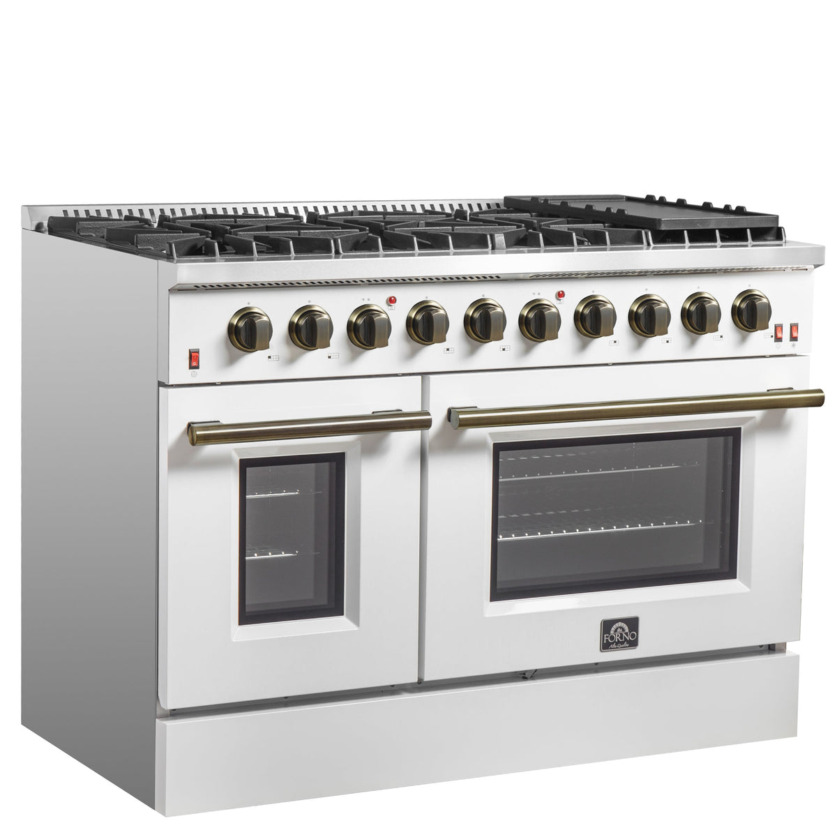 Forno Galiano 48-Inch Gas Range, 8 Sealed Brass Burners with Built-In Griddle, 6.58 cu. ft. Double Oven, White Stainless Steel with Antique Brass Accents, Model FFSGS6244-48WHT