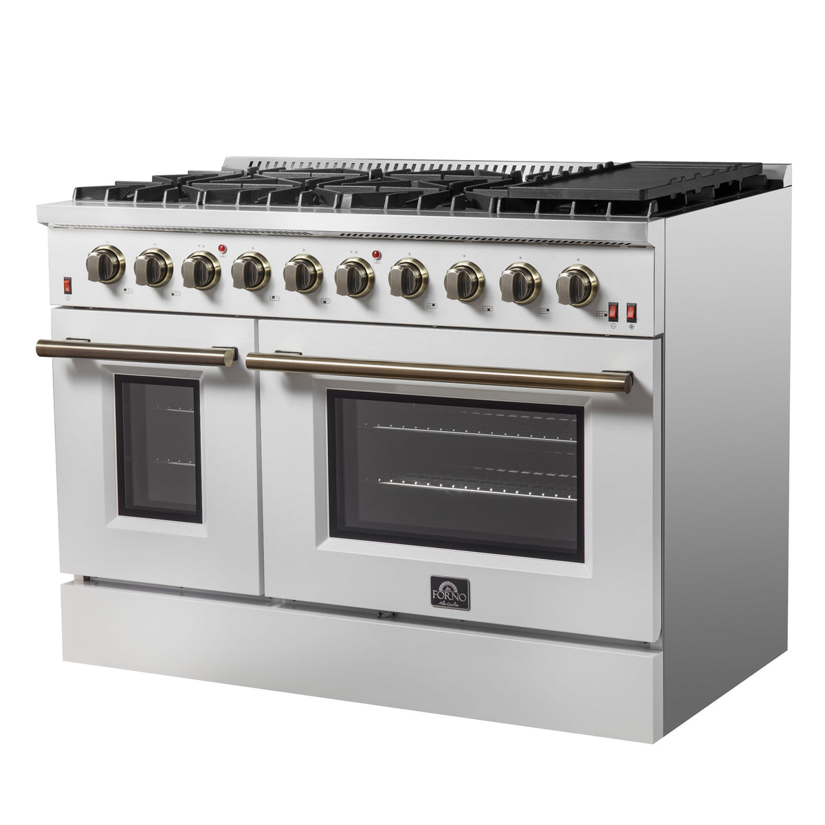 Forno Galiano 48-Inch Gas Range, 8 Sealed Brass Burners with Built-In Griddle, 6.58 cu. ft. Double Oven, White Stainless Steel with Antique Brass Accents, Model FFSGS6244-48WHT