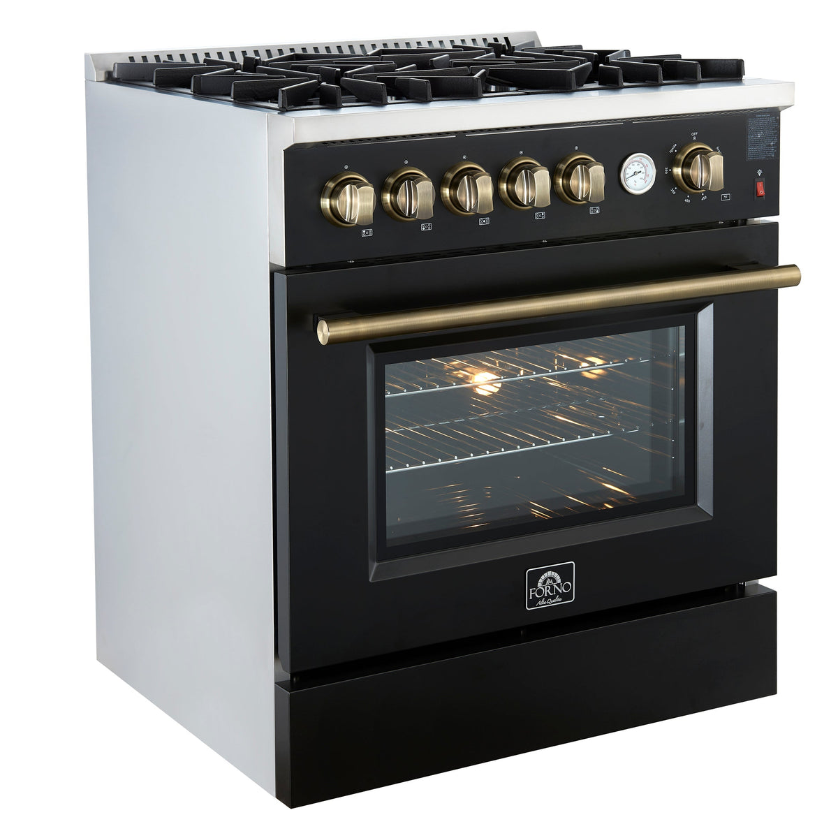 Forno Giovanni 30-Inch Gas Range, 4.32 cu. ft. Oven, 5 Sealed Burners with Griddle, Wok Ring & Air Fry Basket, Black with Antique Brass Accents (Model FFSGS6274-30BLK)