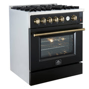 Forno Giovanni 30-Inch Gas Range, 4.32 cu. ft. Oven, 5 Sealed Burners with Griddle, Wok Ring & Air Fry Basket, Black with Antique Brass Accents (Model FFSGS6274-30BLK)