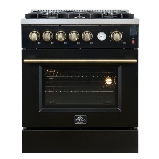 Forno Giovanni 30-Inch Gas Range, 4.32 cu. ft. Oven, 5 Sealed Burners with Griddle, Wok Ring & Air Fry Basket, Black with Antique Brass Accents (Model FFSGS6274-30BLK)