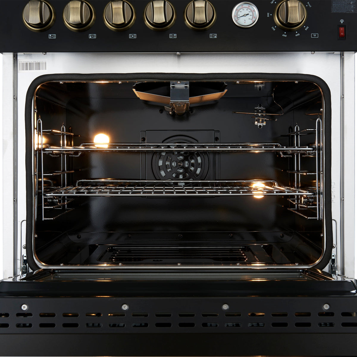 Forno Giovanni 30-Inch Gas Range, 4.32 cu. ft. Oven, 5 Sealed Burners with Griddle, Wok Ring & Air Fry Basket, Black with Antique Brass Accents (Model FFSGS6274-30BLK)