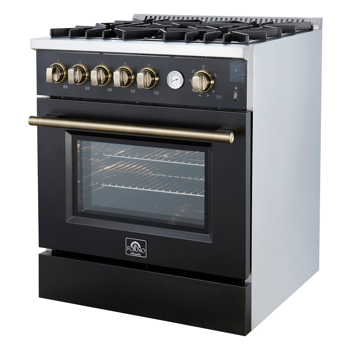 Forno Giovanni 30-Inch Gas Range, 4.32 cu. ft. Oven, 5 Sealed Burners with Griddle, Wok Ring & Air Fry Basket, Black with Antique Brass Accents (Model FFSGS6274-30BLK)