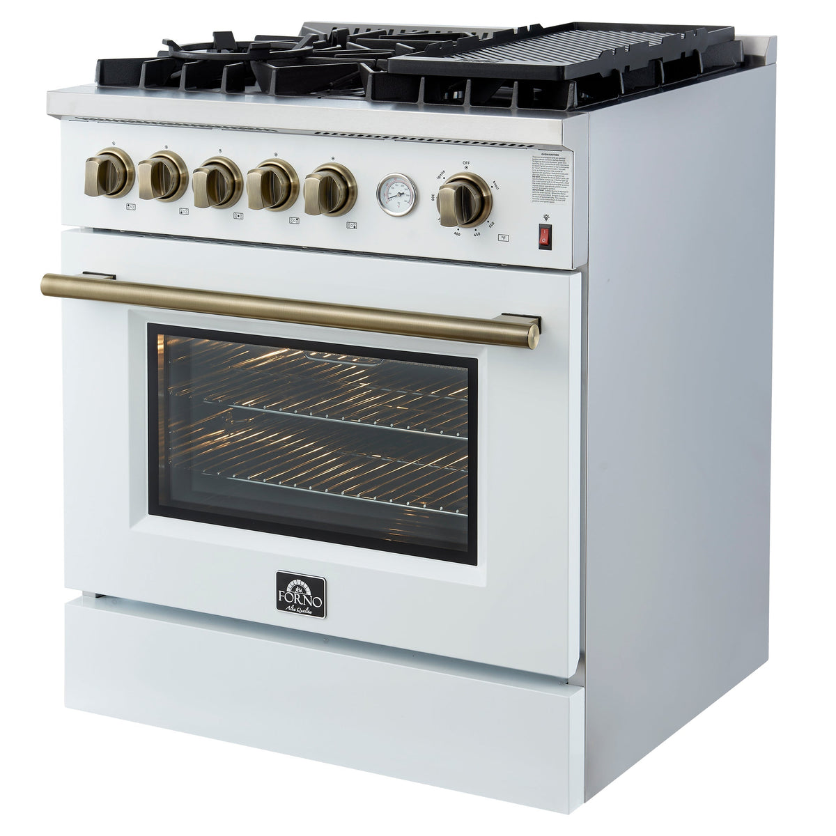 Forno Giovanni 30-Inch Gas Range, 4.32 cu ft Oven, 5 Sealed Burners, White with Antique Brass Accents (Model FFSGS6274-30WHT)