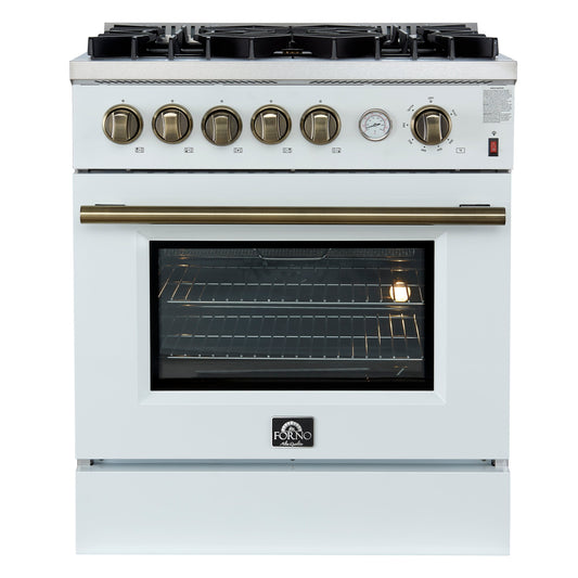 Forno Giovanni 30-Inch Gas Range, 4.32 cu ft Oven, 5 Sealed Burners, White with Antique Brass Accents (Model FFSGS6274-30WHT)