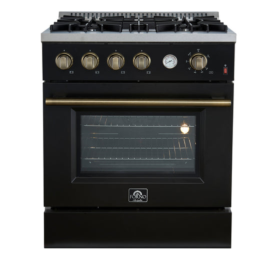 FORNO Marco 30-Inch Gas Range, 4.32 cu. ft. Oven, 4 Sealed Burners, Temperature Gauge, Black with Antique Brass Accents (Model FFSGS6277-30BLK)