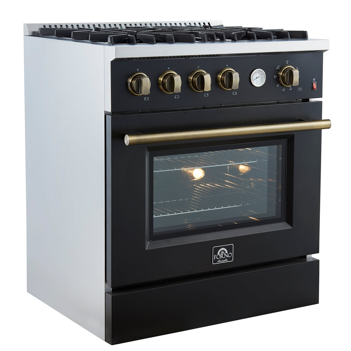 FORNO Marco 30-Inch Gas Range, 4.32 cu. ft. Oven, 4 Sealed Burners, Temperature Gauge, Black with Antique Brass Accents (Model FFSGS6277-30BLK)