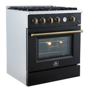 FORNO Marco 30-Inch Gas Range, 4.32 cu. ft. Oven, 4 Sealed Burners, Temperature Gauge, Black with Antique Brass Accents (Model FFSGS6277-30BLK)