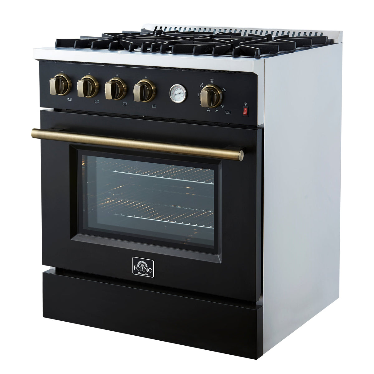 FORNO Marco 30-Inch Gas Range, 4.32 cu. ft. Oven, 4 Sealed Burners, Temperature Gauge, Black with Antique Brass Accents (Model FFSGS6277-30BLK)