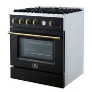FORNO Marco 30-Inch Gas Range, 4.32 cu. ft. Oven, 4 Sealed Burners, Temperature Gauge, Black with Antique Brass Accents (Model FFSGS6277-30BLK)
