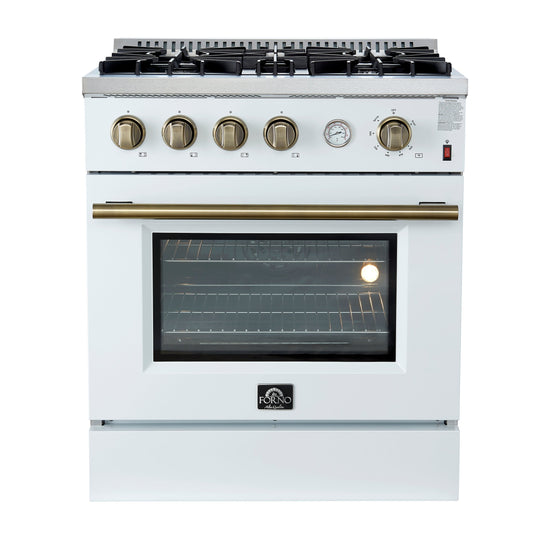 Forno Marco 30-Inch Gas Range, 4.32 cu ft Oven, 4 Sealed Burners, Temperature Gauge, White with Antique Brass Accents (FFSGS6277-30WHT)