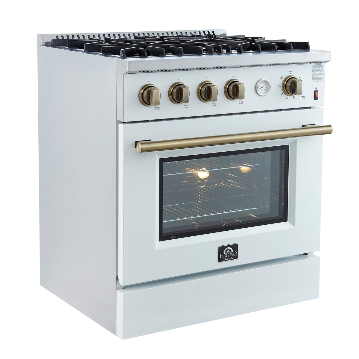 Forno Marco 30-Inch Gas Range, 4.32 cu ft Oven, 4 Sealed Burners, Temperature Gauge, White with Antique Brass Accents (FFSGS6277-30WHT)