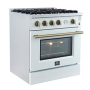 Forno Marco 30-Inch Gas Range, 4.32 cu ft Oven, 4 Sealed Burners, Temperature Gauge, White with Antique Brass Accents (FFSGS6277-30WHT)