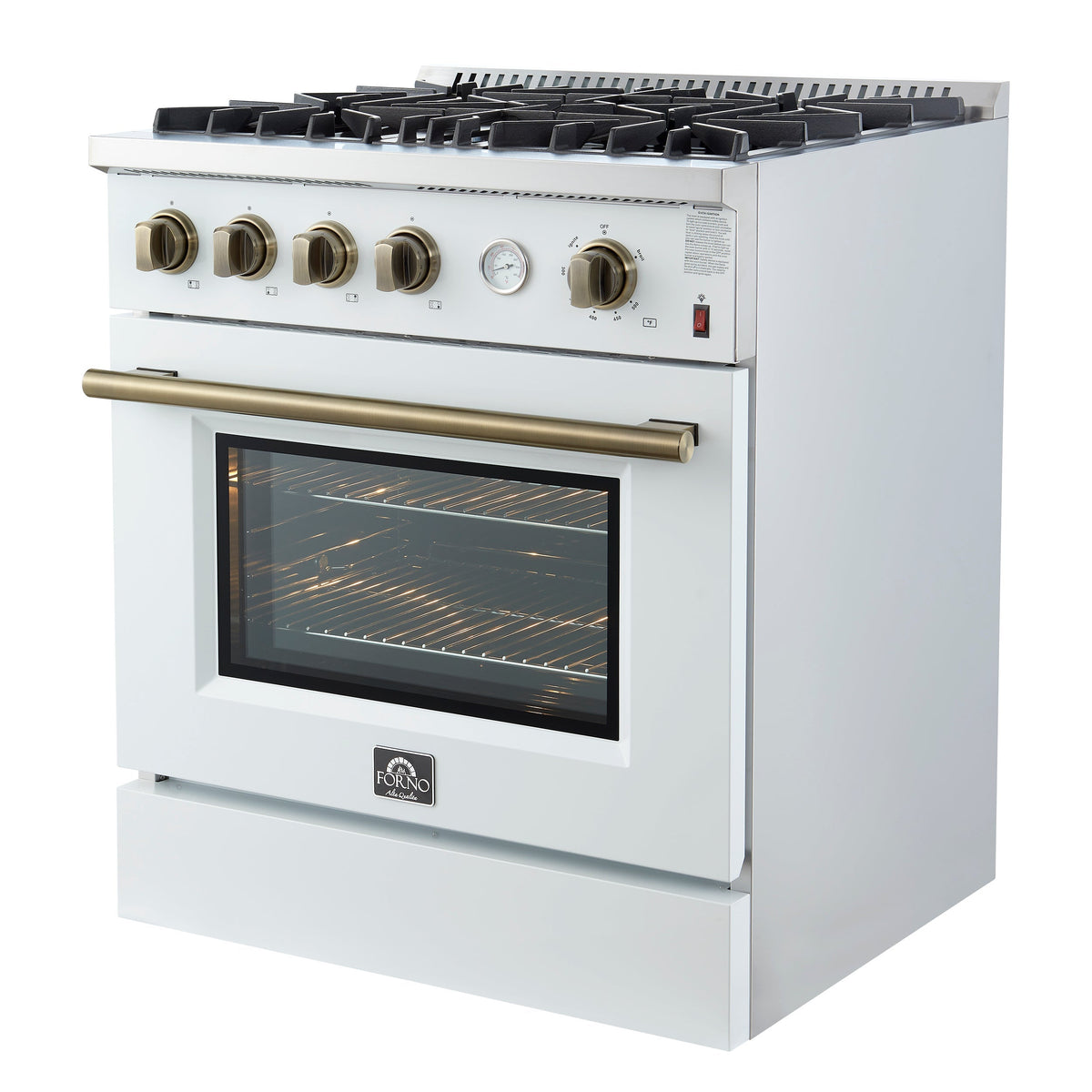 Forno Marco 30-Inch Gas Range, 4.32 cu ft Oven, 4 Sealed Burners, Temperature Gauge, White with Antique Brass Accents (FFSGS6277-30WHT)