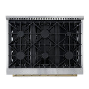 Forno Marco 36-Inch Gas Range, 5.36 cu. ft. Oven, 6 Sealed Burners, Built-In Temperature Gauge, Black with Antique Brass Accents (Model FFSGS6277-36BLK)