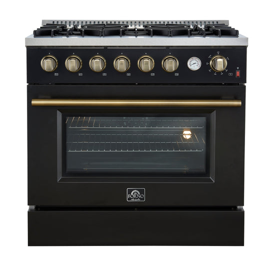 Forno Marco 36-Inch Gas Range, 5.36 cu. ft. Oven, 6 Sealed Burners, Built-In Temperature Gauge, Black with Antique Brass Accents (Model FFSGS6277-36BLK)