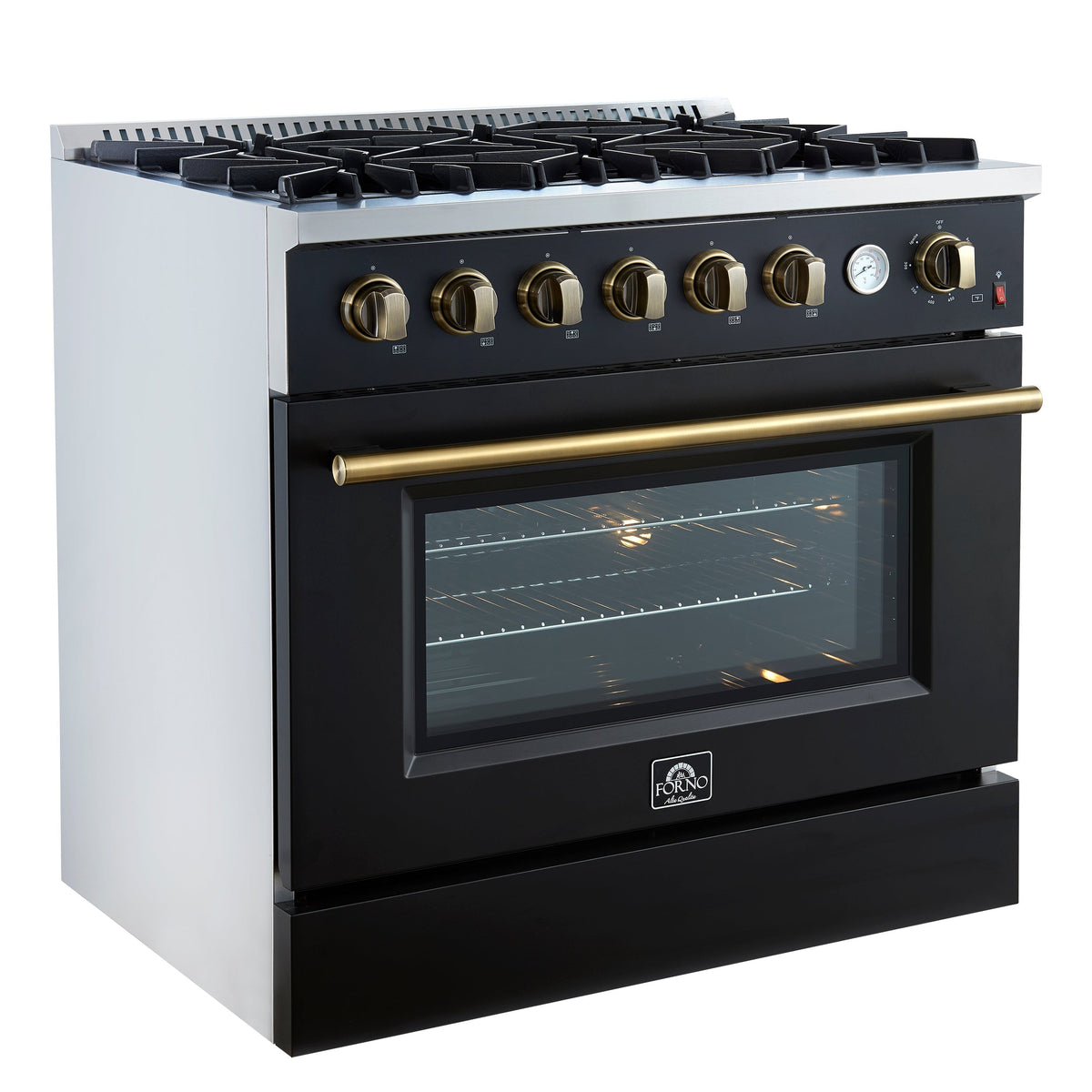 Forno Marco 36-Inch Gas Range, 5.36 cu. ft. Oven, 6 Sealed Burners, Built-In Temperature Gauge, Black with Antique Brass Accents (Model FFSGS6277-36BLK)
