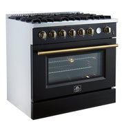 Forno Marco 36-Inch Gas Range, 5.36 cu. ft. Oven, 6 Sealed Burners, Built-In Temperature Gauge, Black with Antique Brass Accents (Model FFSGS6277-36BLK)