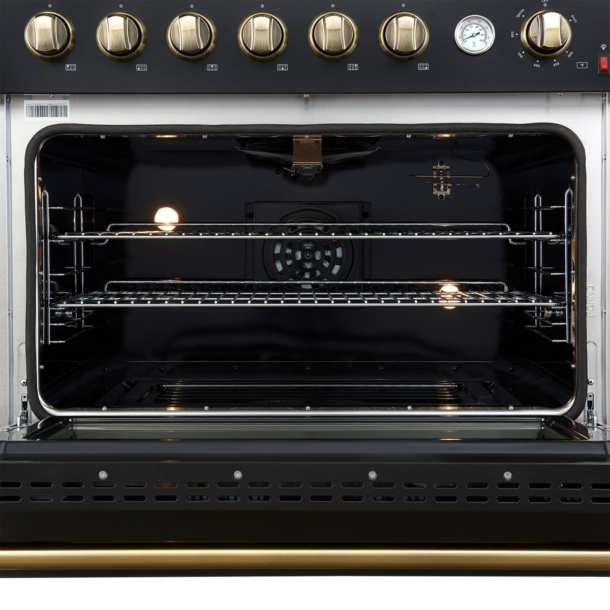 Forno Marco 36-Inch Gas Range, 5.36 cu. ft. Oven, 6 Sealed Burners, Built-In Temperature Gauge, Black with Antique Brass Accents (Model FFSGS6277-36BLK)