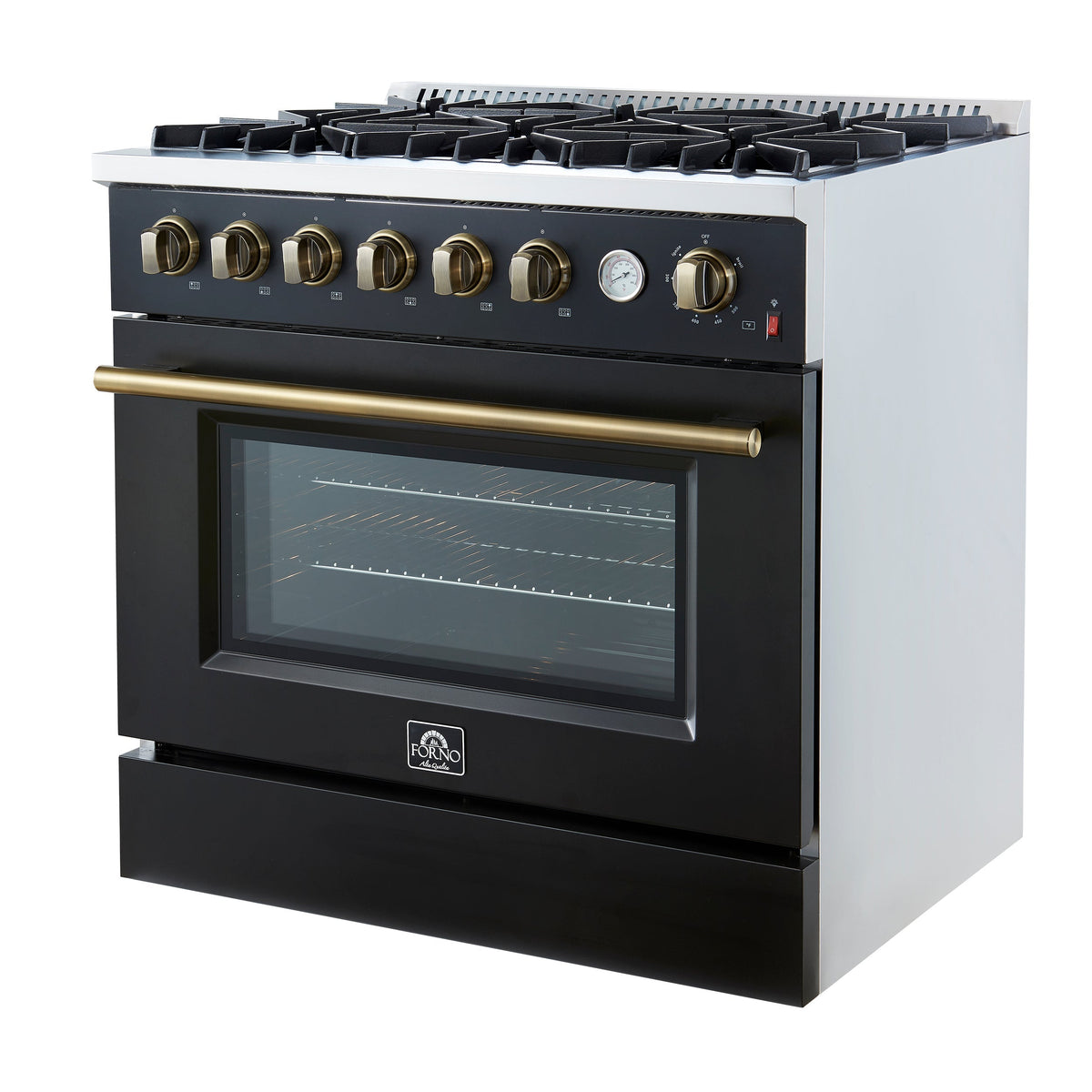 Forno Marco 36-Inch Gas Range, 5.36 cu. ft. Oven, 6 Sealed Burners, Built-In Temperature Gauge, Black with Antique Brass Accents (Model FFSGS6277-36BLK)
