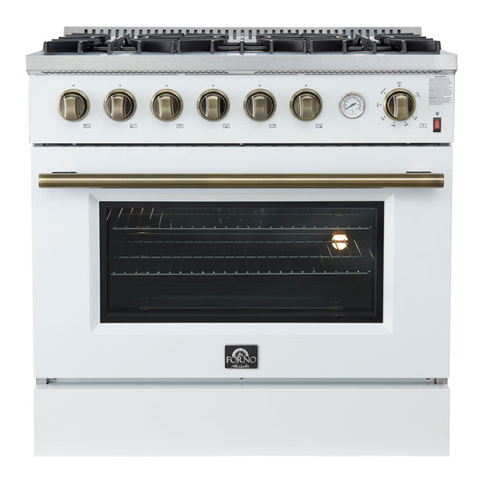 Forno Marco 36-Inch Gas Range, 5.36 cu. ft. Oven, 6 Sealed Burners, Temperature Gauge, White with Antique Brass Accents (FFSGS6277-36WHT)