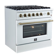 Forno Marco 36-Inch Gas Range, 5.36 cu. ft. Oven, 6 Sealed Burners, Temperature Gauge, White with Antique Brass Accents (FFSGS6277-36WHT)