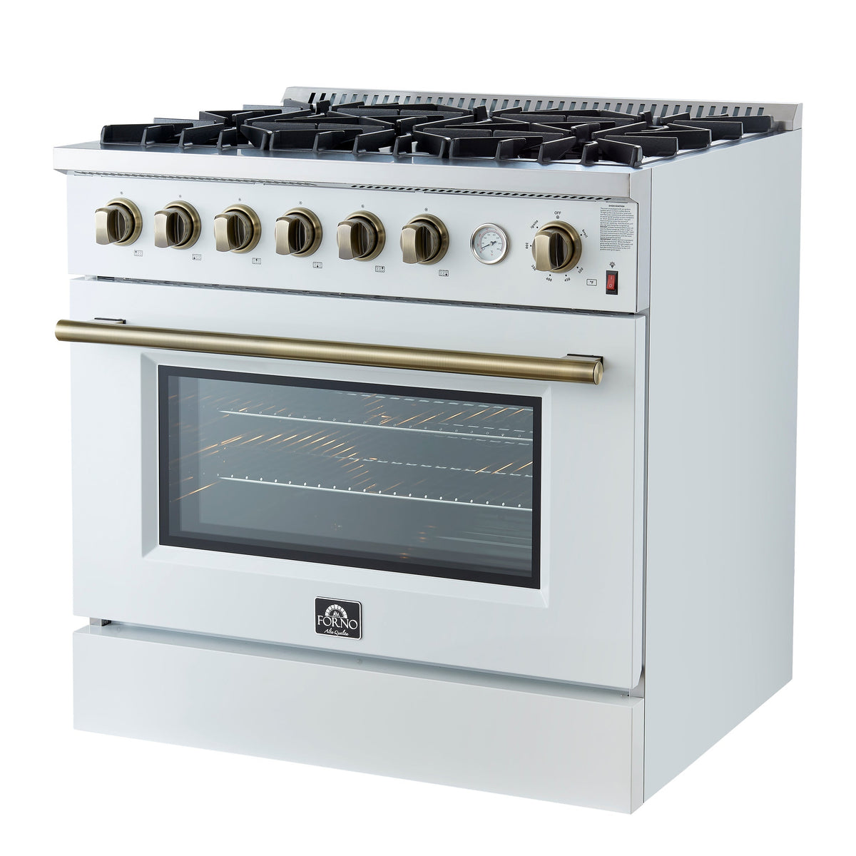 Forno Marco 36-Inch Gas Range, 5.36 cu. ft. Oven, 6 Sealed Burners, Temperature Gauge, White with Antique Brass Accents (FFSGS6277-36WHT)