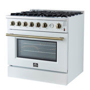 Forno Marco 36-Inch Gas Range, 5.36 cu. ft. Oven, 6 Sealed Burners, Temperature Gauge, White with Antique Brass Accents (FFSGS6277-36WHT)