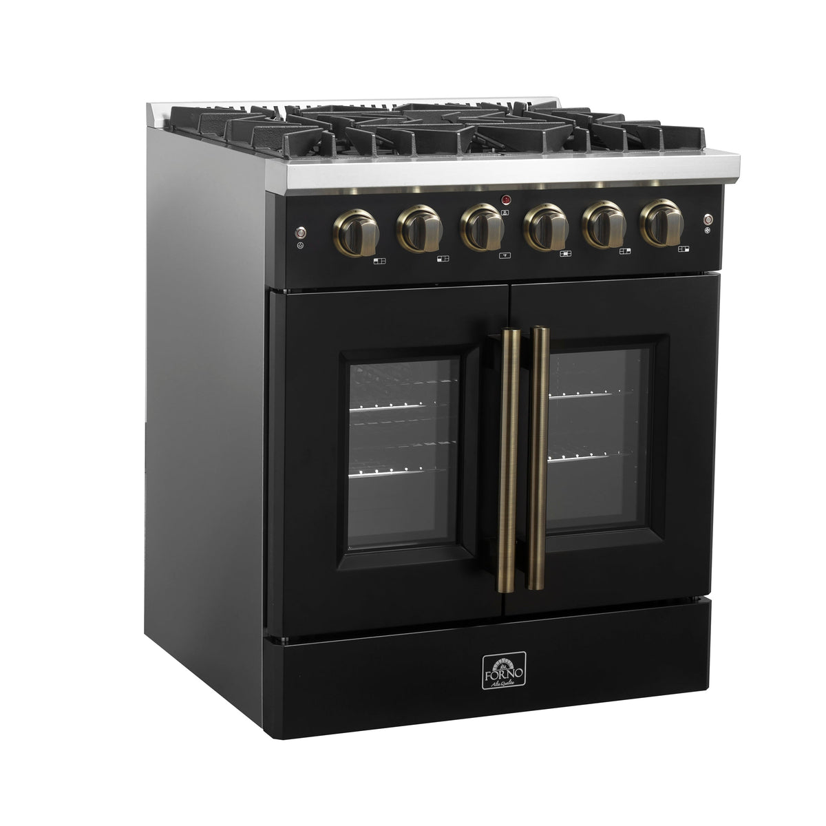 Forno Galiano 30-Inch Gas Range, 4.32 cu. ft. French Door Oven, 5 Sealed Burners, Black with Antique Brass Accents (Model FFSGS6444-30BLK)