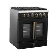 Forno Galiano 30-Inch Gas Range, 4.32 cu. ft. French Door Oven, 5 Sealed Burners, Black with Antique Brass Accents (Model FFSGS6444-30BLK)
